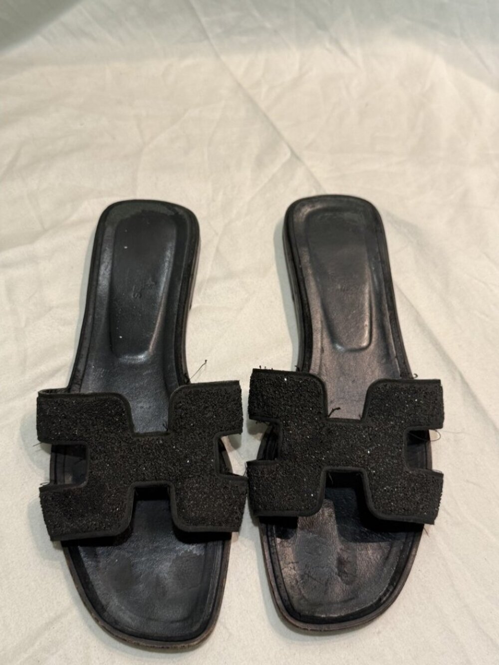 Hermes Oran Flat Slide Sandal Black Glitter Leather H Band EU 40 US 9 Italy